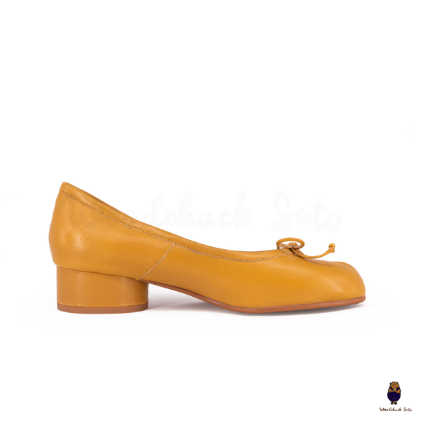 WoodChuckSato Women's Yellow Tabi Split-Toe Sheep Leather Mary Jane Shoes with 3cm Heel & Bow Sizes EU 35-45