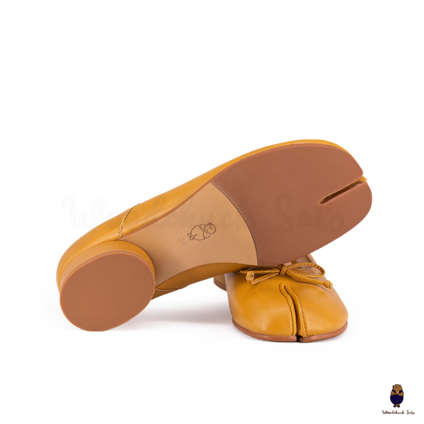 WoodChuckSato Women's Yellow Tabi Split-Toe Sheep Leather Mary Jane Shoes with 3cm Heel & Bow Sizes EU 35-45