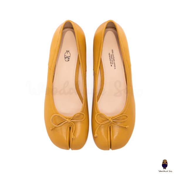 WoodChuckSato Women's Yellow Tabi Split-Toe Sheep Leather Mary Jane Shoes with 3cm Heel & Bow Sizes EU 35-45