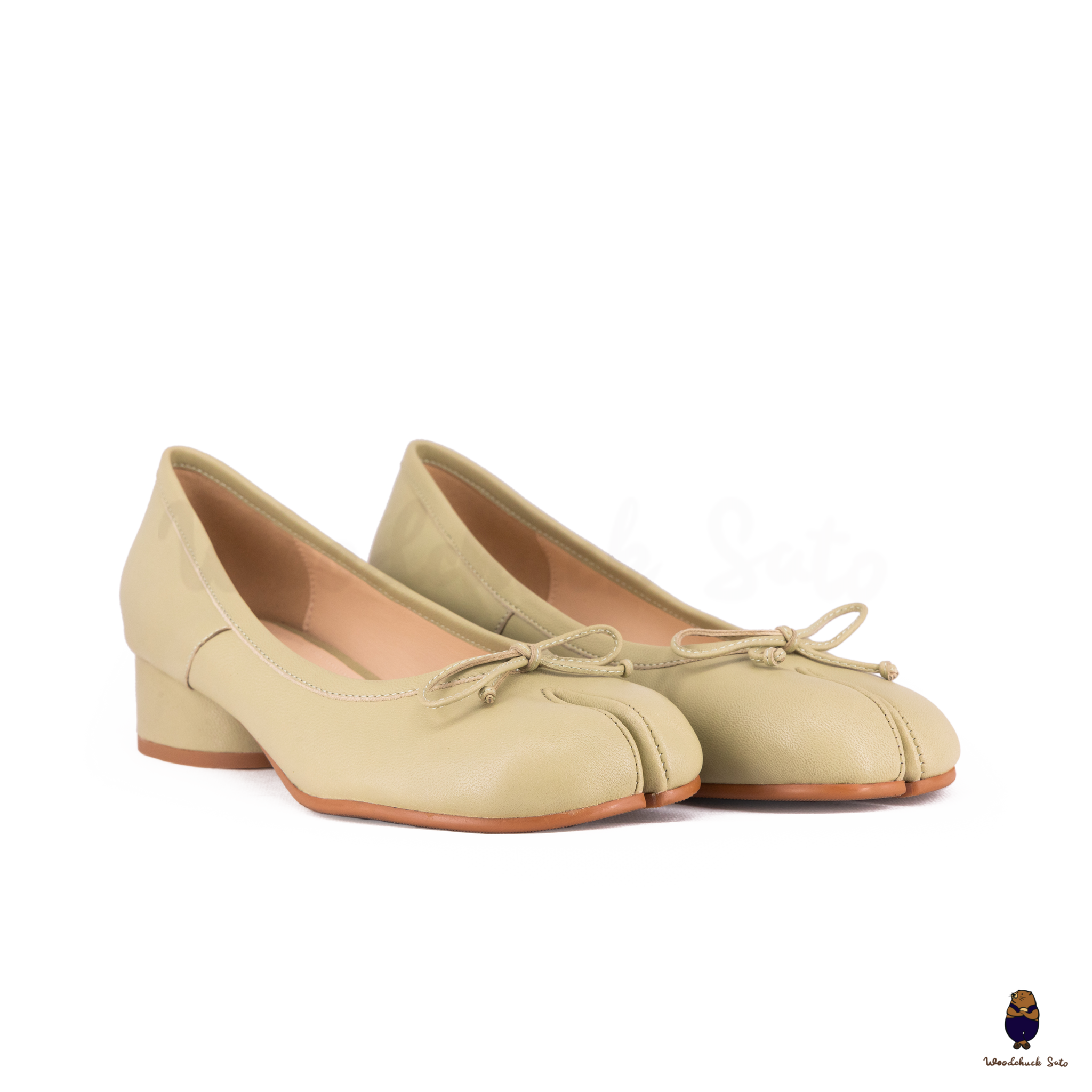 WoodChuckSato Women's Green Tabi Split-Toe Sheep Leather Mary Jane Shoes with 3cm Heel & Bow Sizes EU 35-45