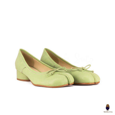 WoodChuckSato Women's Green Tabi Split-Toe Sheep Leather Mary Jane Shoes with 3cm Heel & Bow Sizes EU 35-45