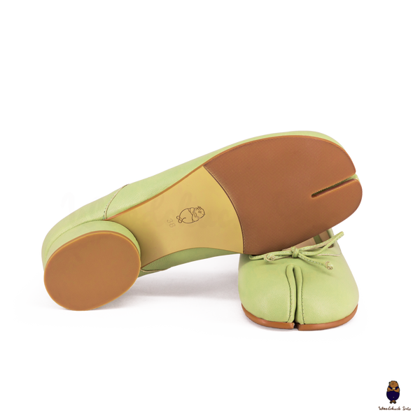 WoodChuckSato Women's Green Tabi Split-Toe Sheep Leather Mary Jane Shoes with 3cm Heel & Bow Sizes EU 35-45