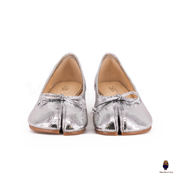 WoodChuckSato Women's Cracked Silver Tabi Split-Toe Sheep Leather Mary Jane Shoes with 3cm Heel & Bow Sizes EU 35-45
