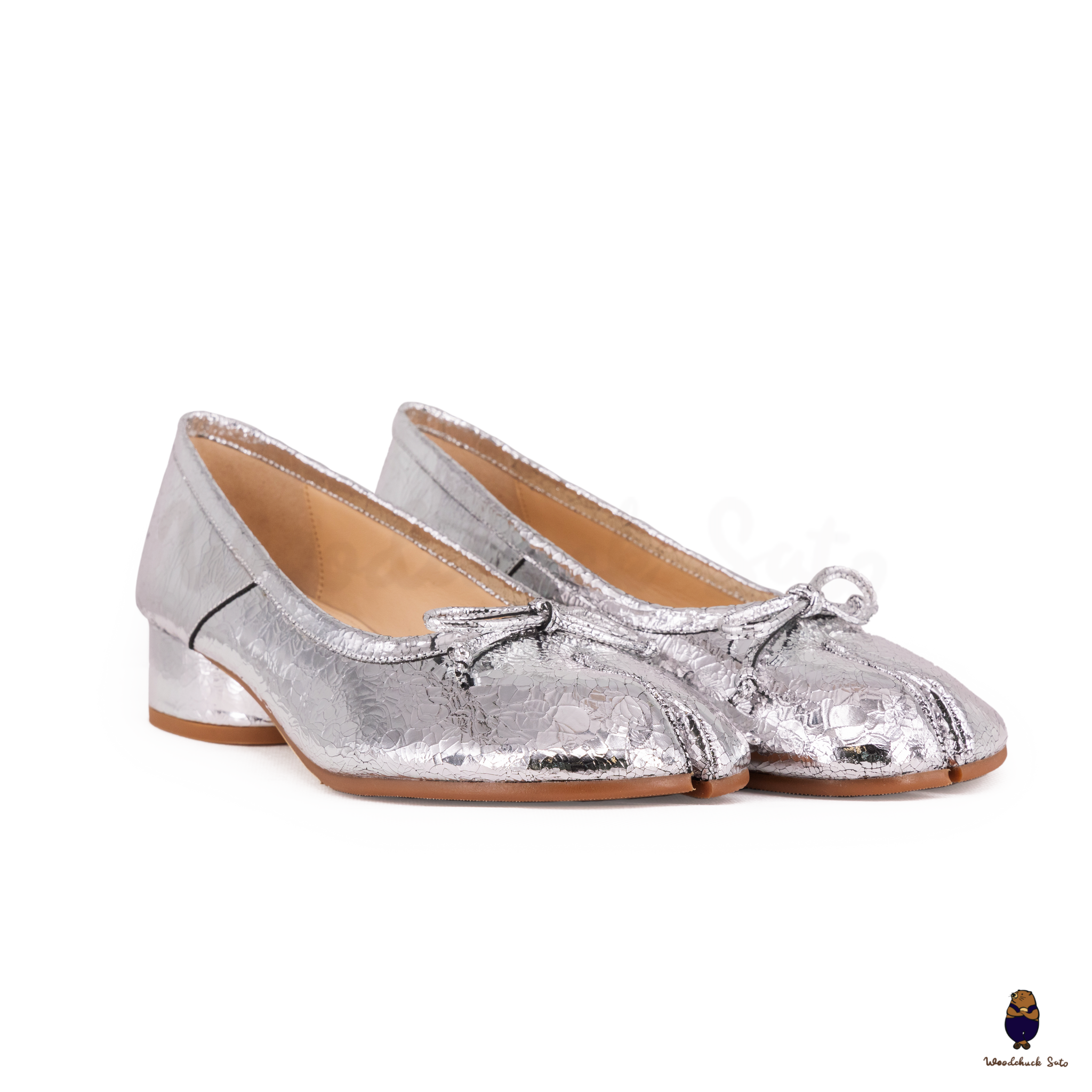 WoodChuckSato Women's Cracked Silver Tabi Split-Toe Sheep Leather Mary Jane Shoes with 3cm Heel & Bow Sizes EU 35-45