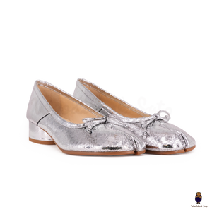 WoodChuckSato Women's Cracked Silver Tabi Split-Toe Sheep Leather Mary Jane Shoes with 3cm Heel & Bow Sizes EU 35-45