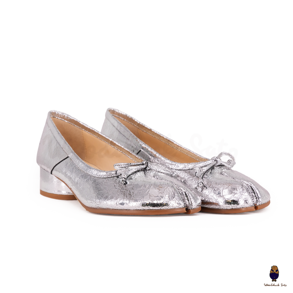WoodChuckSato Women's Cracked Silver Tabi Split-Toe Sheep Leather Mary Jane Shoes with 3cm Heel & Bow Sizes EU 35-45