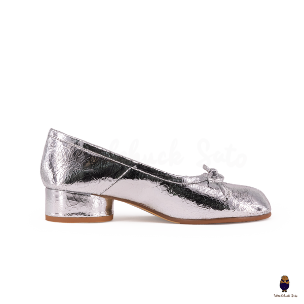 WoodChuckSato Women's Cracked Silver Tabi Split-Toe Sheep Leather Mary Jane Shoes with 3cm Heel & Bow Sizes EU 35-45