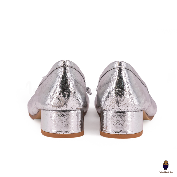 WoodChuckSato Women's Cracked Silver Tabi Split-Toe Sheep Leather Mary Jane Shoes with 3cm Heel & Bow Sizes EU 35-45