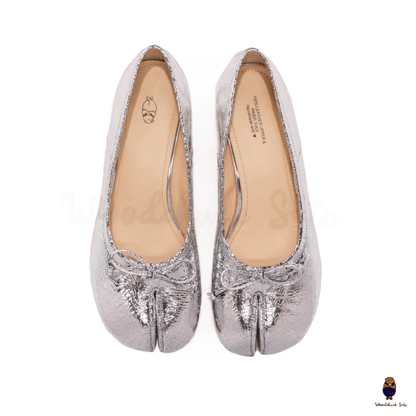 WoodChuckSato Women's Cracked Silver Tabi Split-Toe Sheep Leather Mary Jane Shoes with 3cm Heel & Bow Sizes EU 35-45