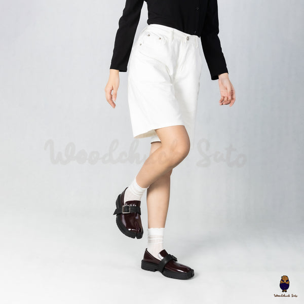 WoodchuckSato Burgundy Edge-Beaded Cowhide Leather Tabi Chunky Loafers with with Removable Black Strap