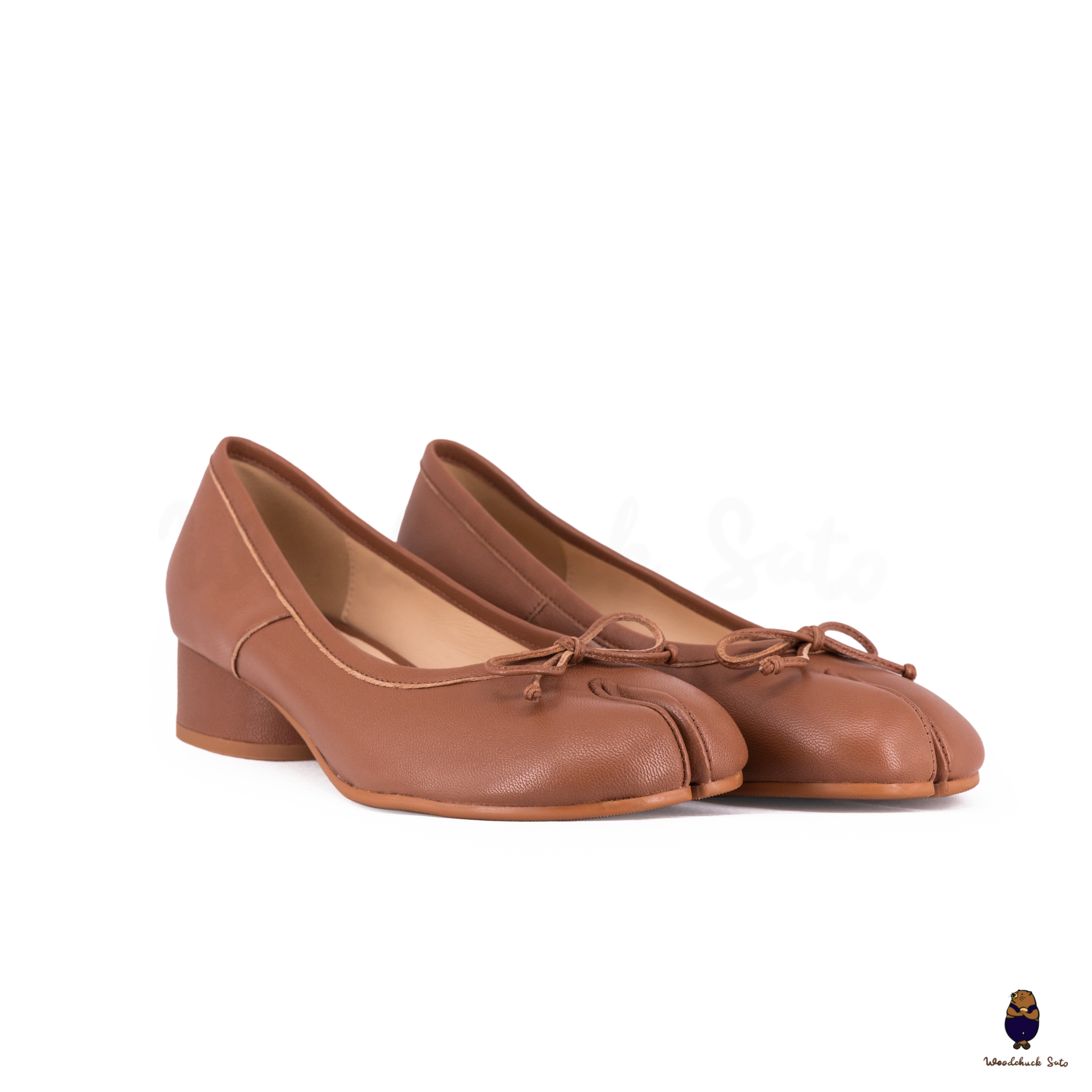 WoodChuckSato Women's Caramel Brown Tabi Split-Toe Sheep Leather Mary Jane Shoes with 3cm Heel & Bow Sizes EU 35-45