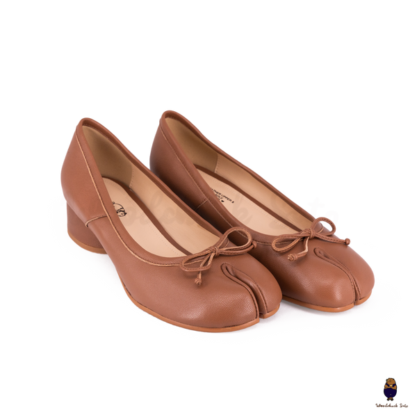 WoodChuckSato Women's Caramel Brown Tabi Split-Toe Sheep Leather Mary Jane Shoes with 3cm Heel & Bow Sizes EU 35-45