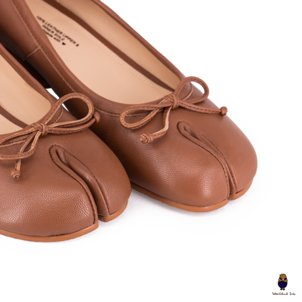WoodChuckSato Women's Caramel Brown Tabi Split-Toe Sheep Leather Mary Jane Shoes with 3cm Heel & Bow Sizes EU 35-45