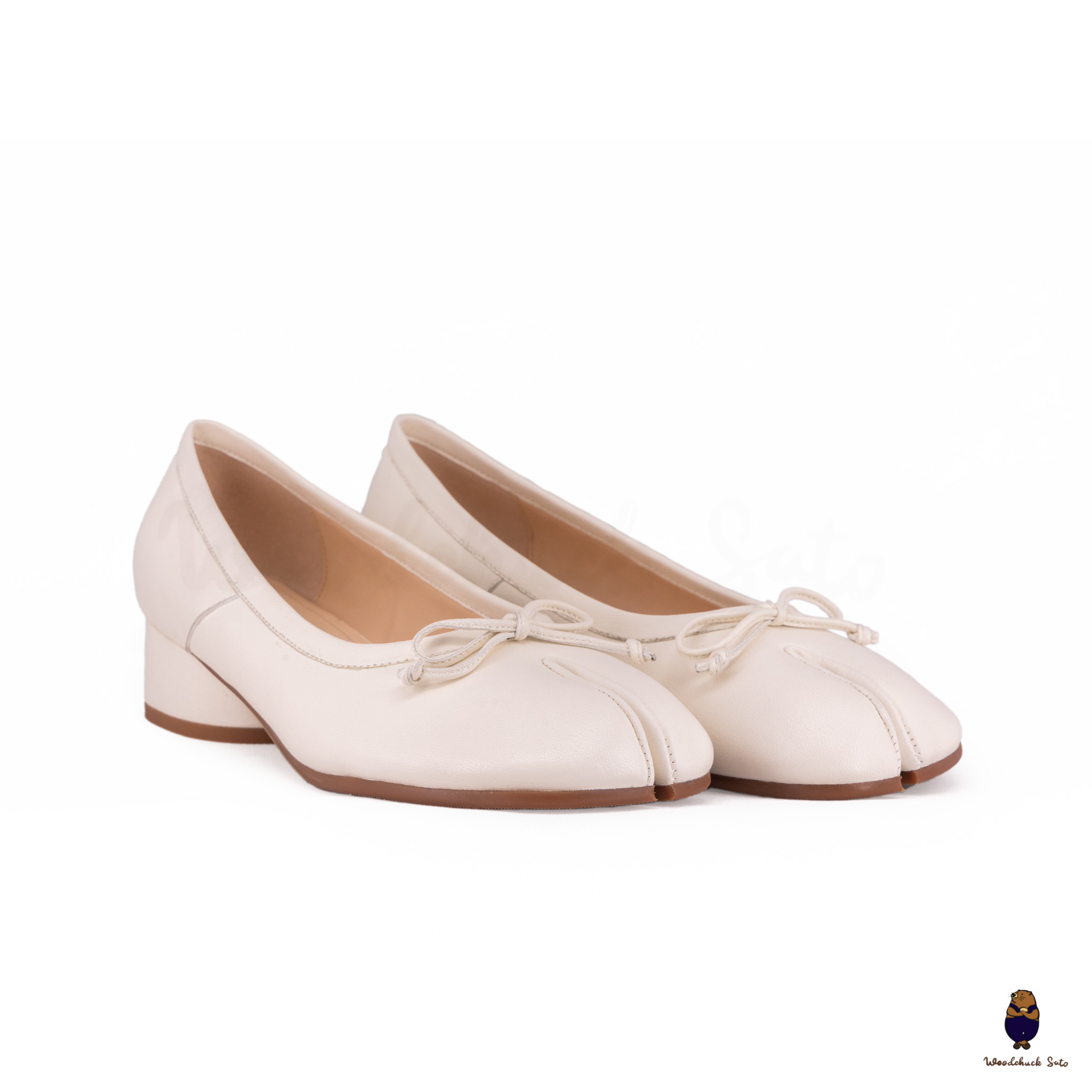 WoodChuckSato Tabi Bianco da Donna in Pelle di Pecora Mary Jane con Punta Divisa con Tacco e Fiocco da 3 cm Taglie EU 35-45