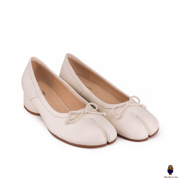 WoodChuckSato Tabi Bianco da Donna in Pelle di Pecora Mary Jane con Punta Divisa con Tacco e Fiocco da 3 cm Taglie EU 35-45