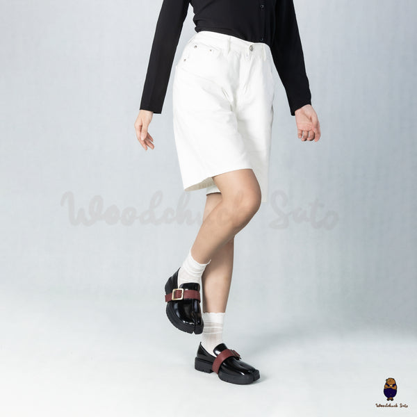 WoodchuckSato Black Edge-Beaded Cowhide Leather Tabi Loafers with Removable Red Strap & Chunky Sole