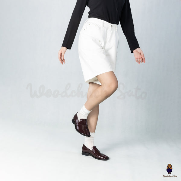WoodchuckSato Burgundy Edge-Beaded Cowhide Leather Penny Strap Tabi Loafers