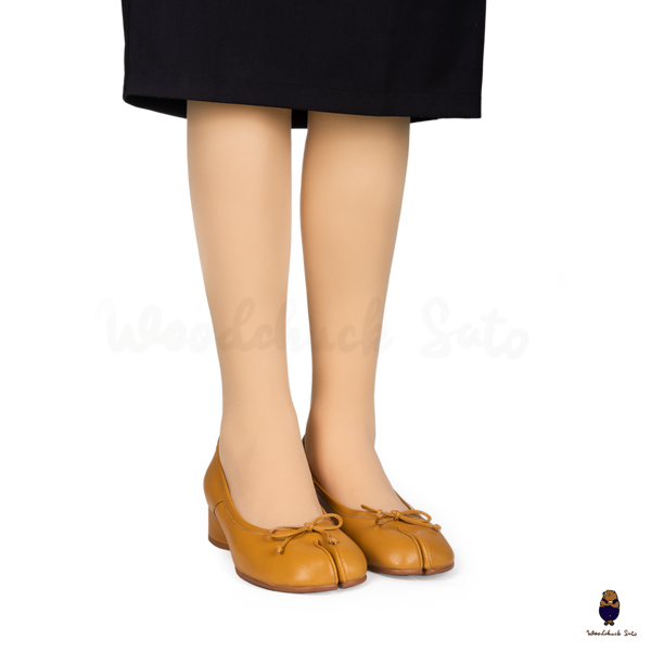 WoodChuckSato Women's Yellow Tabi Split-Toe Sheep Leather Mary Jane Shoes with 3cm Heel & Bow Sizes EU 35-45