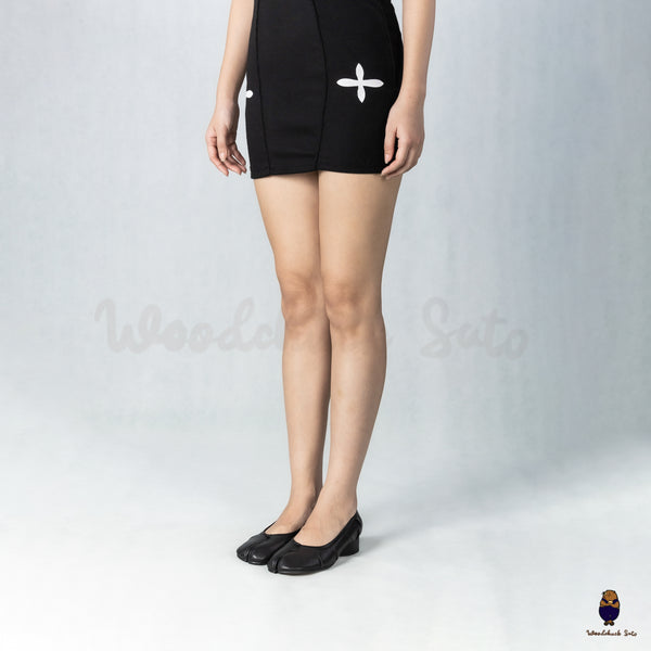 WoodChuckSato Black Tabi Split-Toe Sheep Leather Mary Jane Shoes with 3cm Heel & Ruched