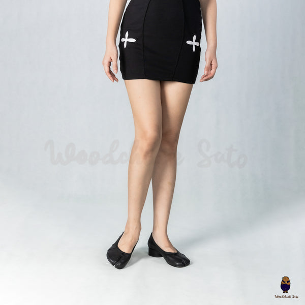 WoodChuckSato Black Tabi Split-Toe Sheep Leather Mary Jane Shoes with 3cm Heel & Ruched