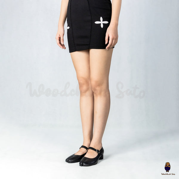 WoodchuckSato Black Cow Leather Tabi Mary Jane Heels with Strap