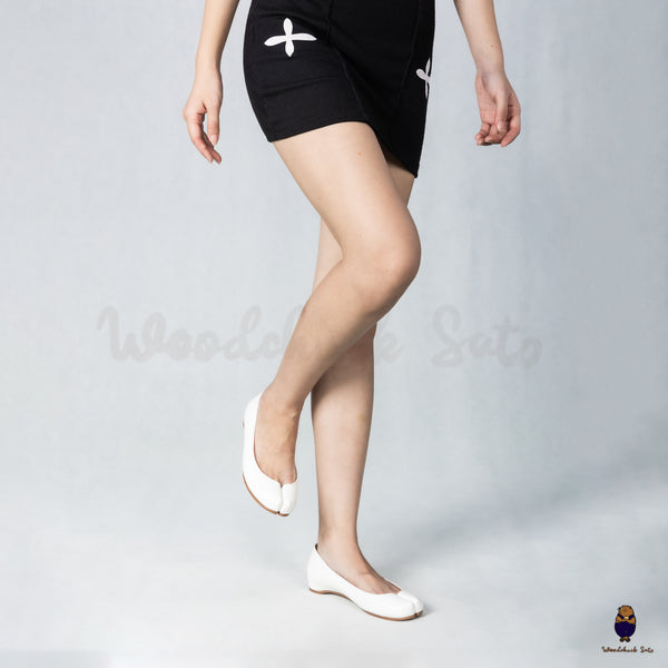 WoodchuckSato White Edge-Beaded Cowhide Leather Tabi Ballet Flats