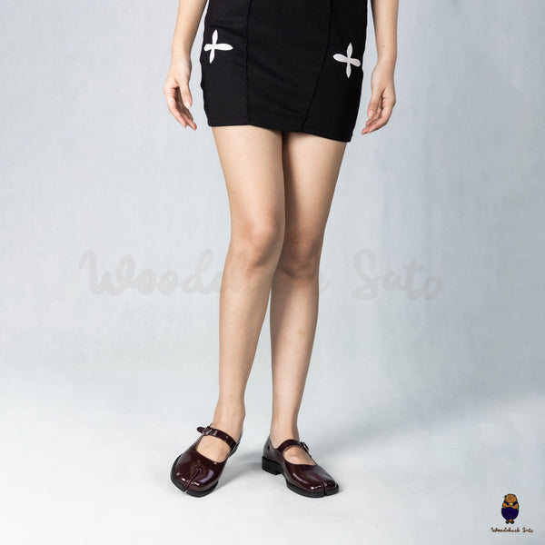 WoodchuckSato Burgundy Edge-Beaded Cowhide Leather Tabi Mary Jane Shoes