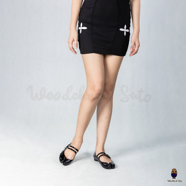 WoodchuckSato Black Patent Cow Leather Tabi Mary Jane Flats with Double Strap and Crystal Buckle
