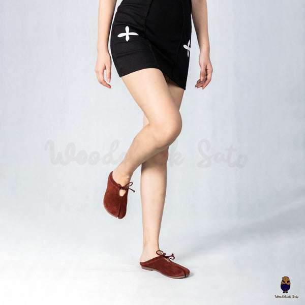 Woodchuck Sato Wine Red Suede Tabi Mules Split-Toe Flats with Bow