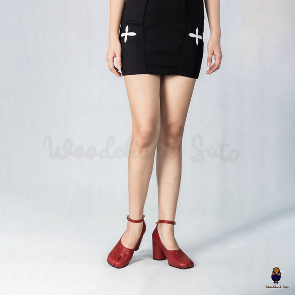 WoodchuckSato Burgundy Sheep Leather Tabi 8 cm Heels with Ankle Strap