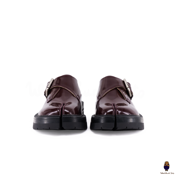 WoodchuckSato Burgundy Patent Leather Tabi Loafers with Buckle Strap