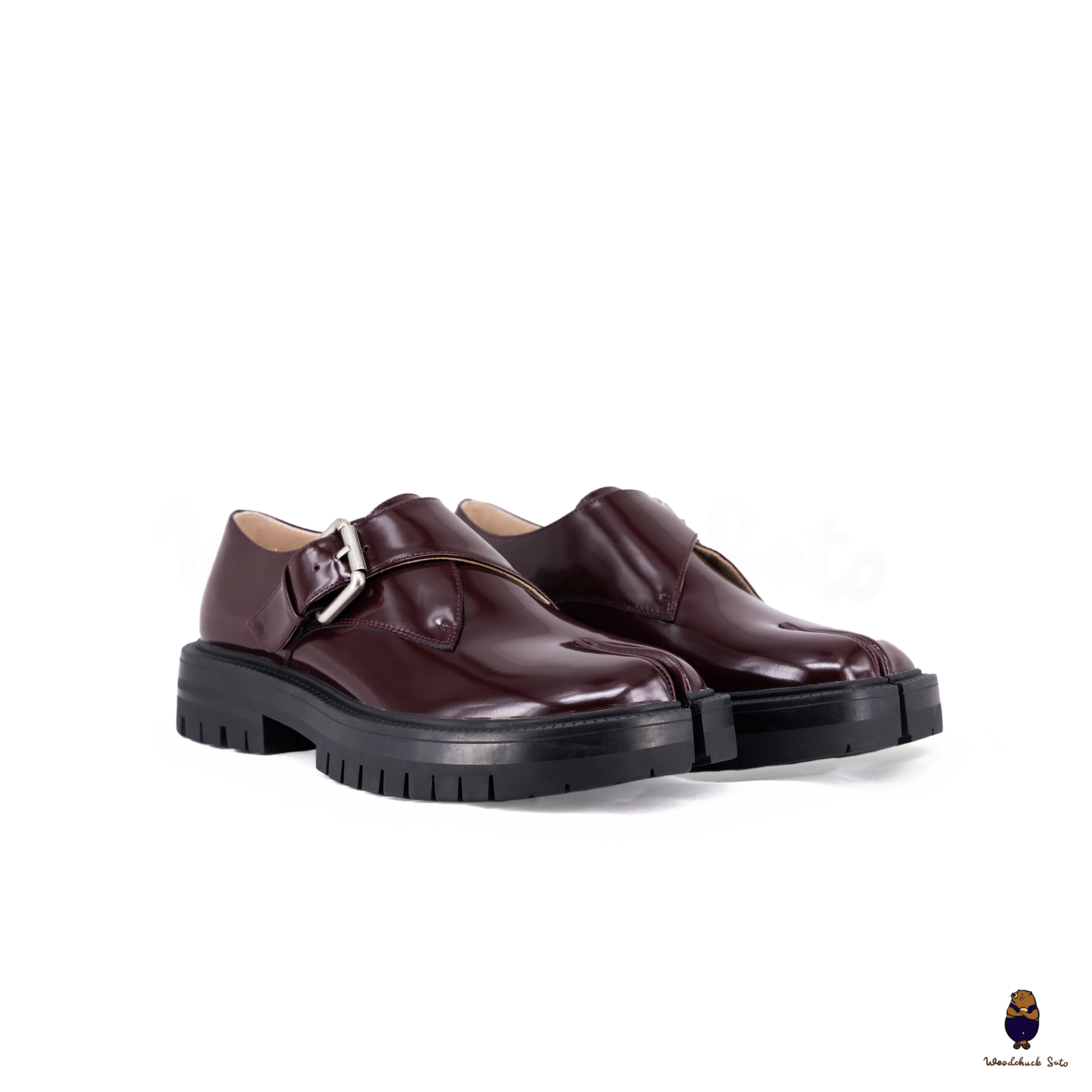 WoodchuckSato Burgundy Edge-Beaded Cowhide Tabi Monk Strap Loafers