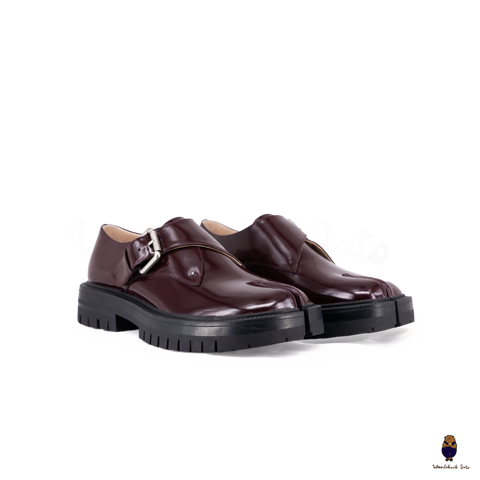 WoodchuckSato Burgundy Patent Leather Tabi Loafers with Buckle Strap