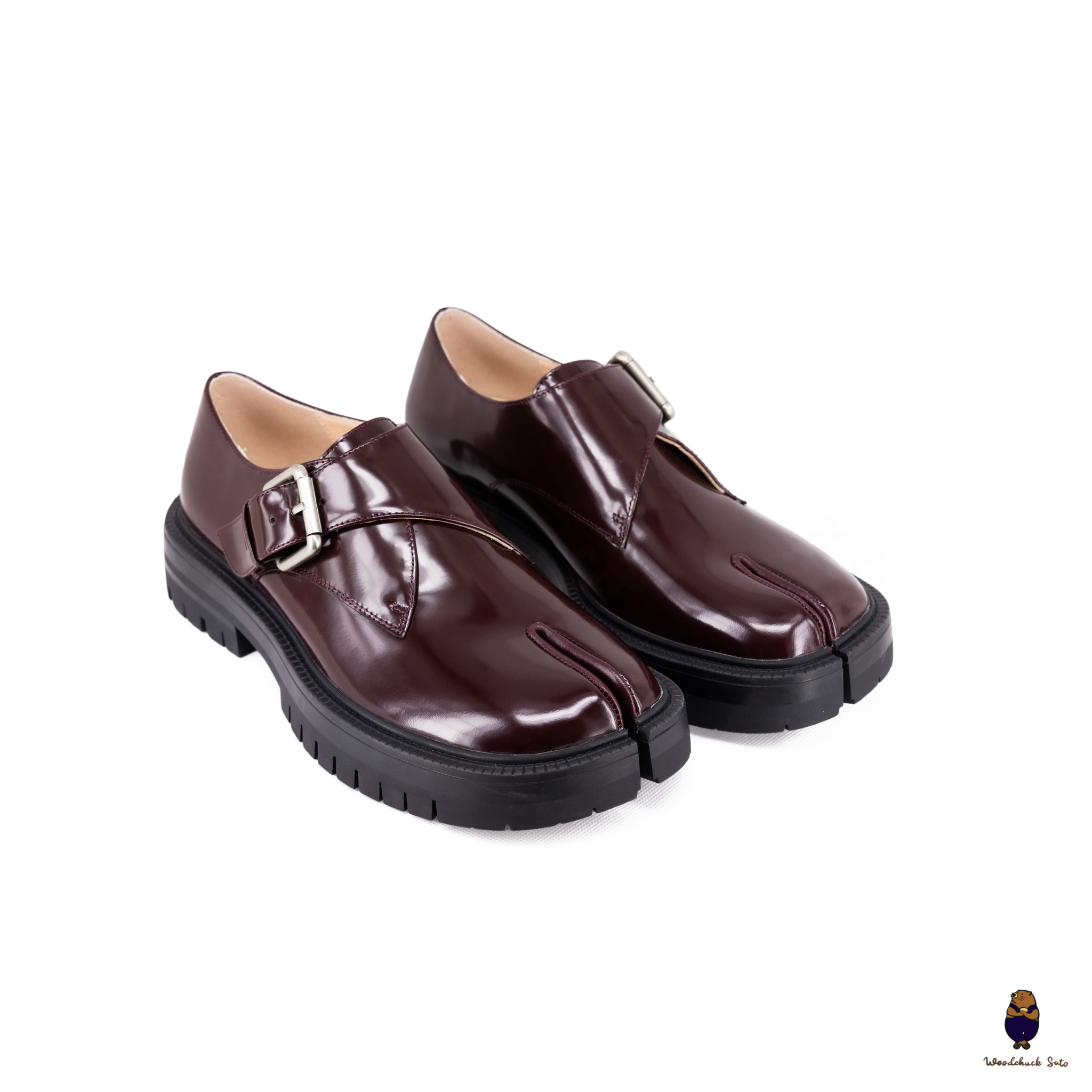 WoodchuckSato Burgundy Patent Leather Tabi Loafers with Buckle Strap