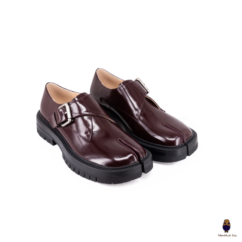 WoodchuckSato Burgundy Patent Leather Tabi Loafers with Buckle Strap