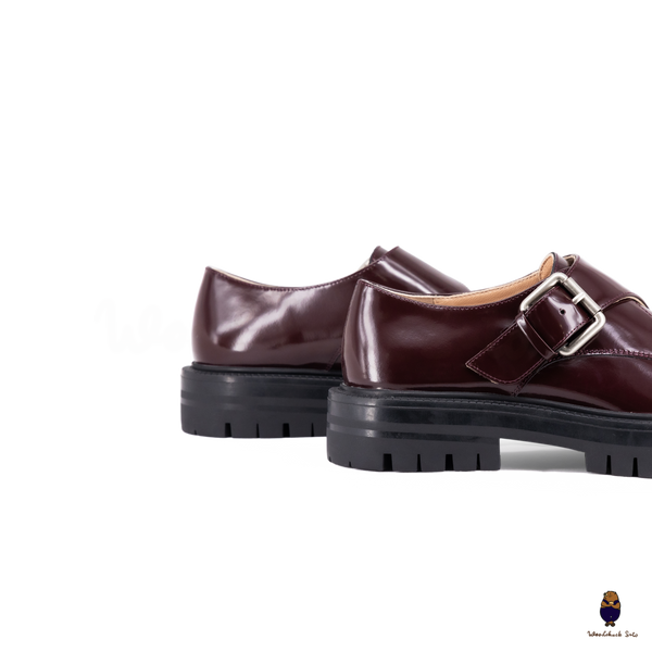 WoodchuckSato Burgundy Patent Leather Tabi Loafers with Buckle Strap