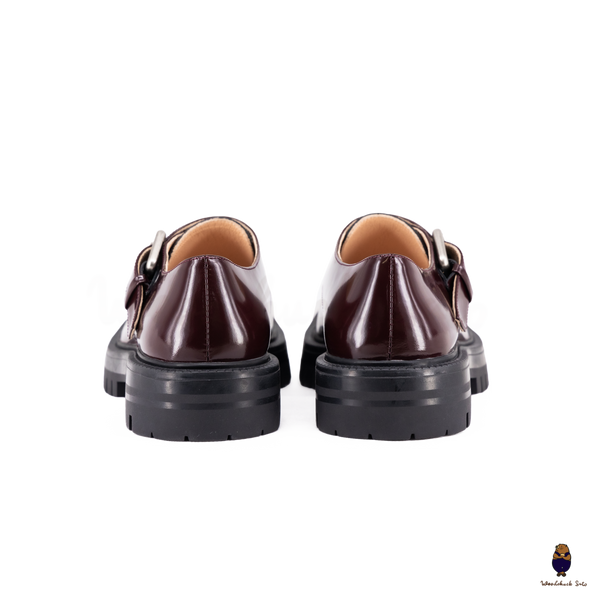 WoodchuckSato Burgundy Patent Leather Tabi Loafers with Buckle Strap