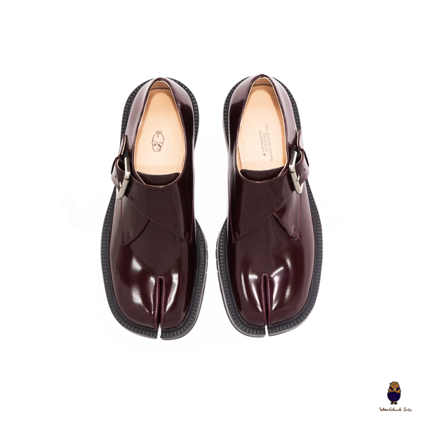 WoodchuckSato Burgundy Patent Leather Tabi Loafers with Buckle Strap