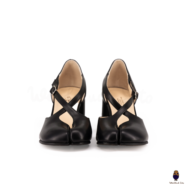 Woodchuck Sato Black Leather Tabi Mary Jane Heels (6cm)