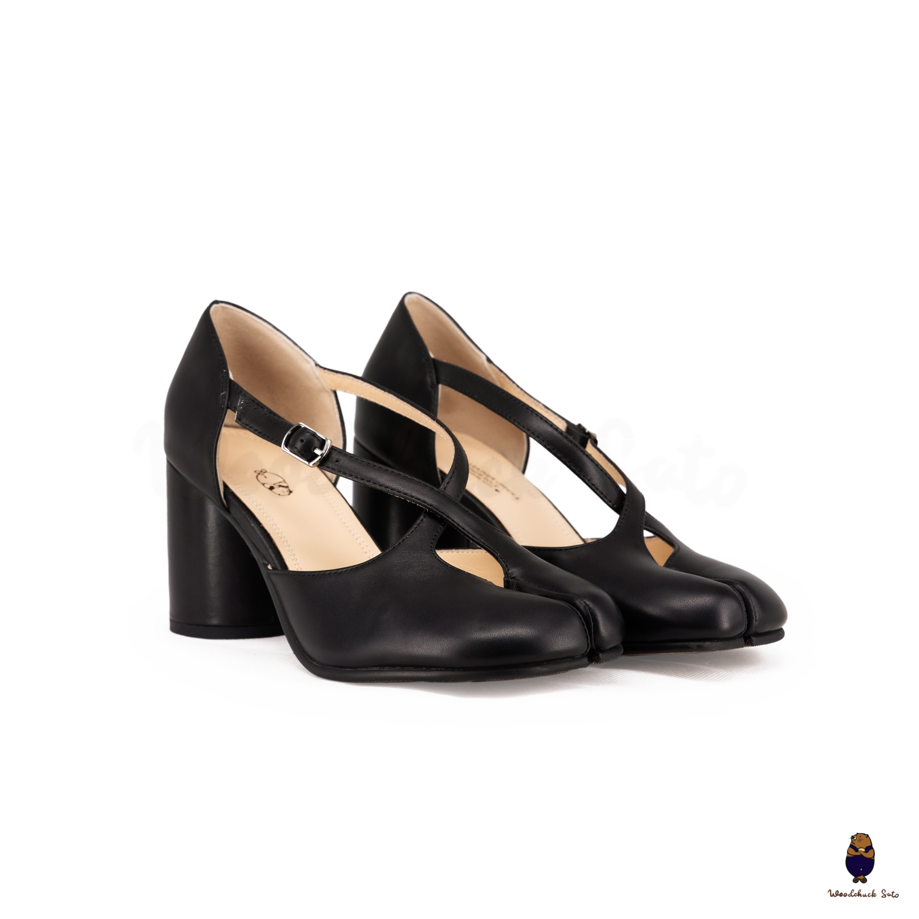 WoodchuckSato Black Matte Leather Tabi Cross-Strap 8 cm Heels