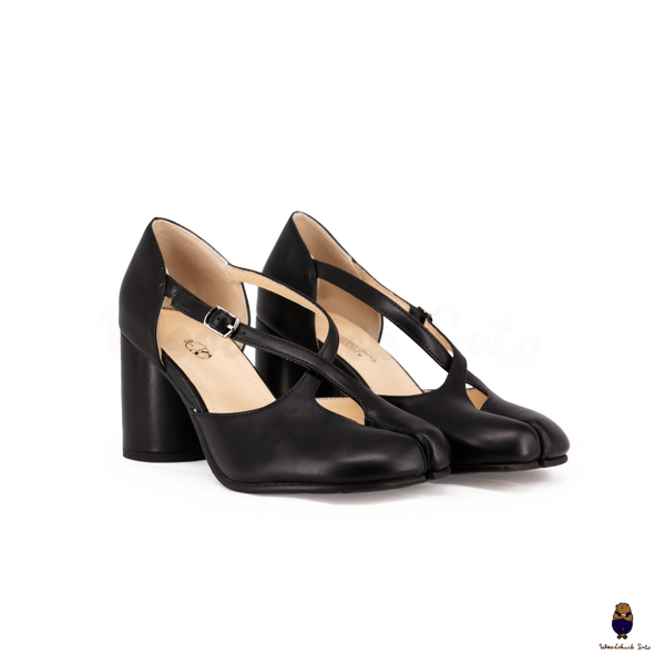 Woodchuck Sato Black Leather Tabi Mary Jane Heels (6cm)