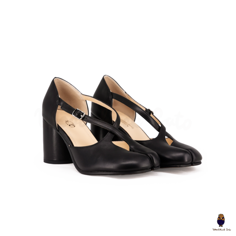 Woodchuck Sato Black Leather Tabi Mary Jane Heels (6cm)