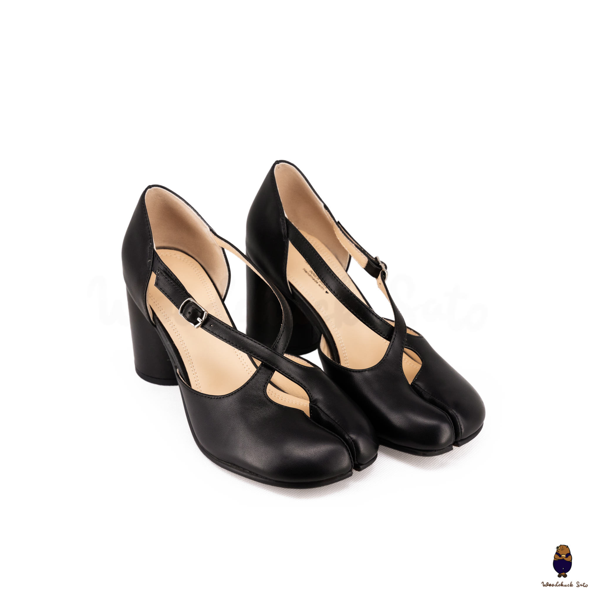 Woodchuck Sato Black Leather Tabi Mary Jane Heels (6cm)