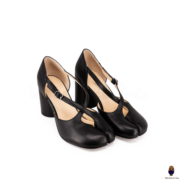 Woodchuck Sato Black Leather Tabi Mary Jane Heels (6cm)