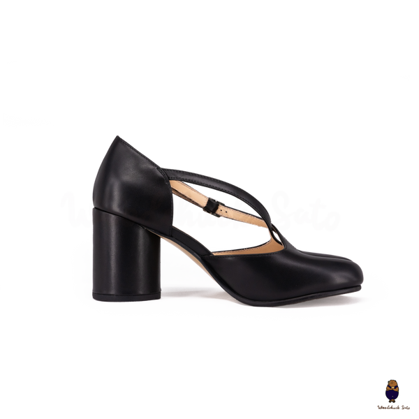Woodchuck Sato Black Leather Tabi Mary Jane Heels (6cm)