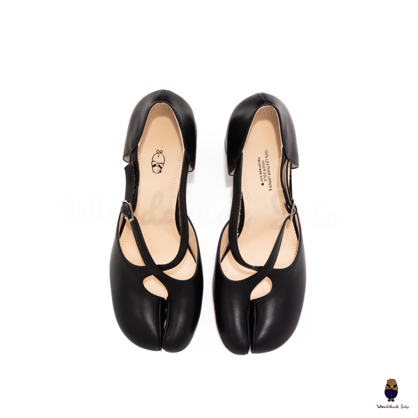 Woodchuck Sato Black Leather Tabi Mary Jane Heels (6cm)