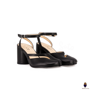 WoodchuckSato Black Matte Cow Leather Tabi Ankle-Strap Block Heels