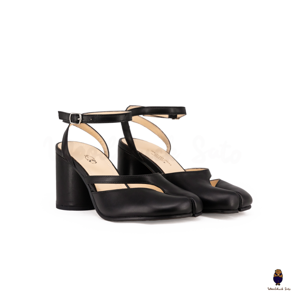 Woodchuck Sato Black Leather Tabi Ankle Strap Block Heels (6cm)