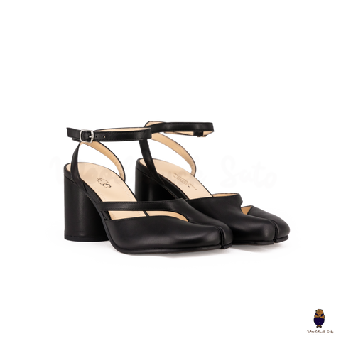 Woodchuck Sato Black Leather Tabi Ankle Strap Block Heels (6cm)