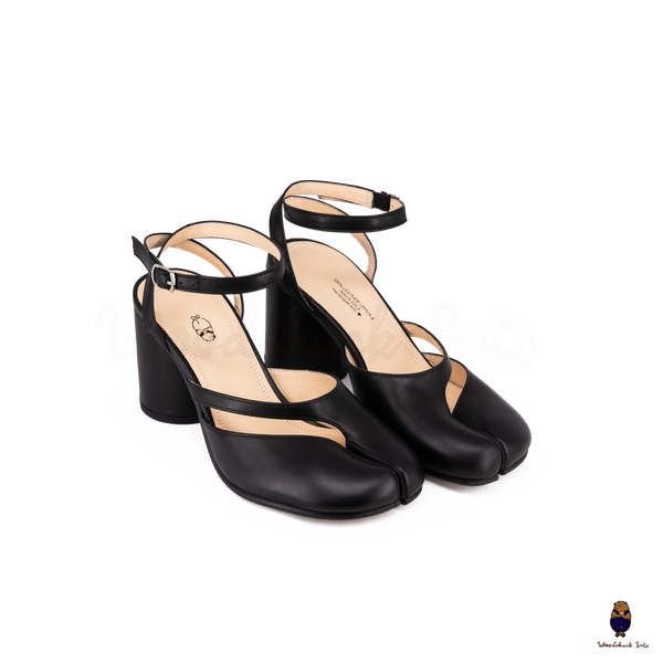 Woodchuck Sato Black Leather Tabi Ankle Strap Block Heels (6cm)